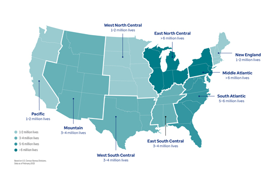 U.S. map generated by the Optum Digital Research Network showing number of lives by region